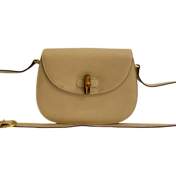 Gucci Handbags - GUCCI Old Gucci Bamboo Turnlock Leather Shoulder Bag/Pochette Beige 96-10
